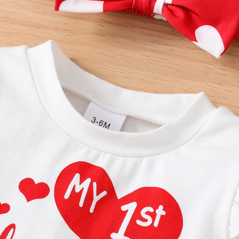 Valentine's Day 3pcs Baby Girl 95% Cotton Ruffle Long-sleeve Letter Graphic Top and Allover Heart Print Pants & Headband Set White big image 5