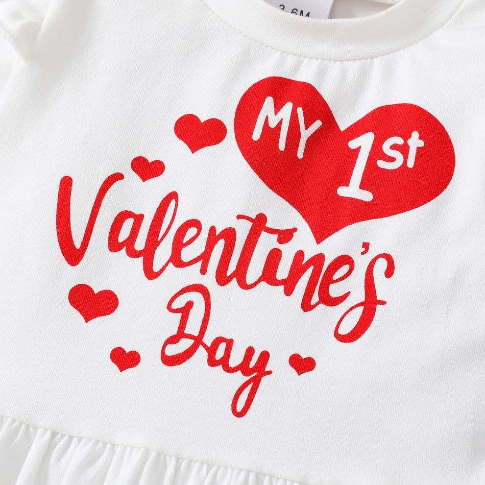Valentine's Day 3pcs Baby Girl 95% Cotton Ruffle Long-sleeve Letter Graphic Top and Allover Heart Print Pants & Headband Set White big image 7