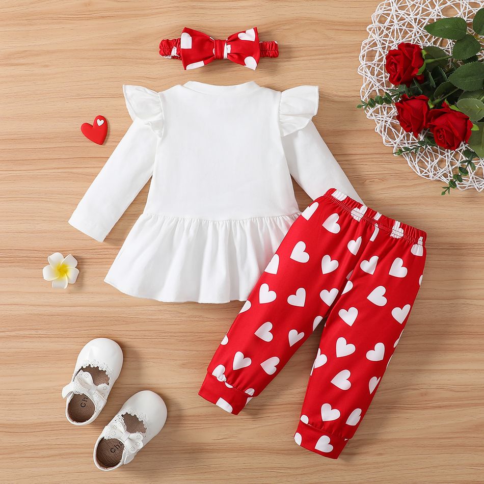 Valentine's Day 3pcs Baby Girl 95% Cotton Ruffle Long-sleeve Letter Graphic Top and Allover Heart Print Pants & Headband Set White big image 2