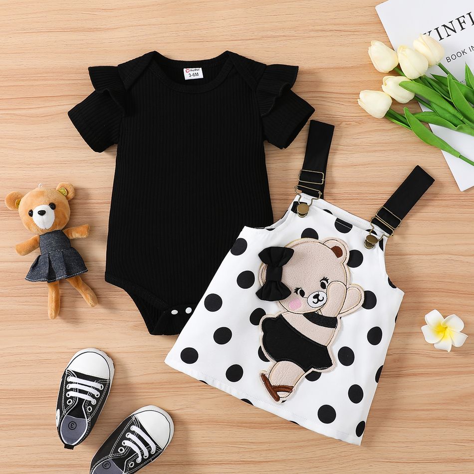 2pcs Baby Girl 95% Cotton Ruffle Trim Short-sleeve Romper and Bear Graphic Polka Dots Overall Dress Set Black big image 2