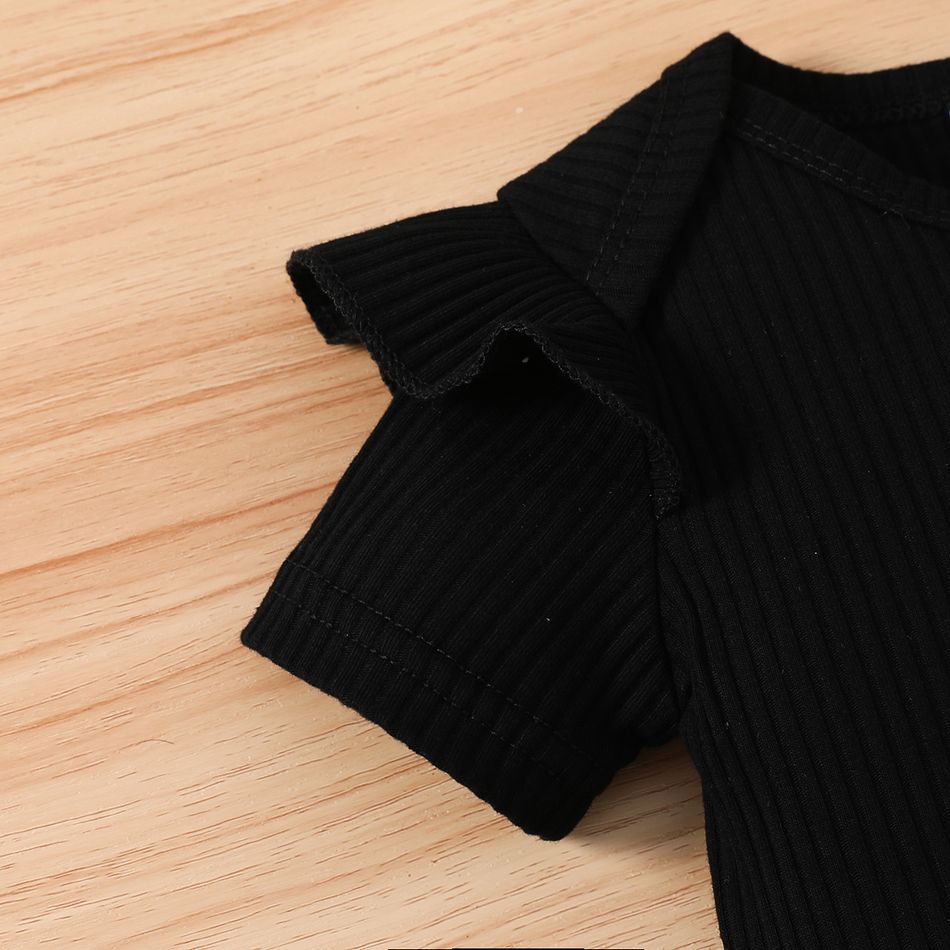 2pcs Baby Girl 95% Cotton Ruffle Trim Short-sleeve Romper and Bear Graphic Polka Dots Overall Dress Set Black big image 5