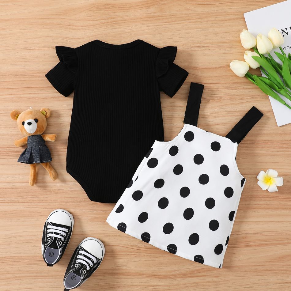 2pcs Baby Girl 95% Cotton Ruffle Trim Short-sleeve Romper and Bear Graphic Polka Dots Overall Dress Set Black big image 3