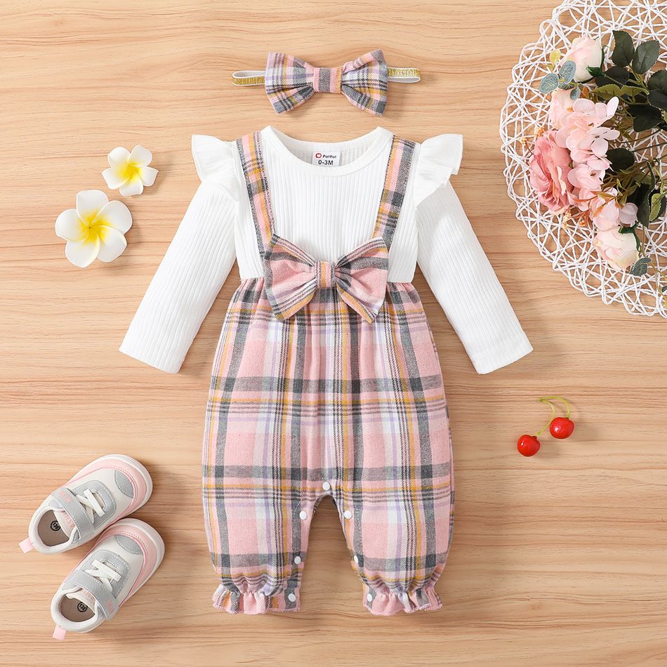 2pcs Baby Girl Plaid & Solid Ribbed Spliced Ruffle Trim Bow Front Long-sleeve Jumpsuit & Headband Set White big image 3