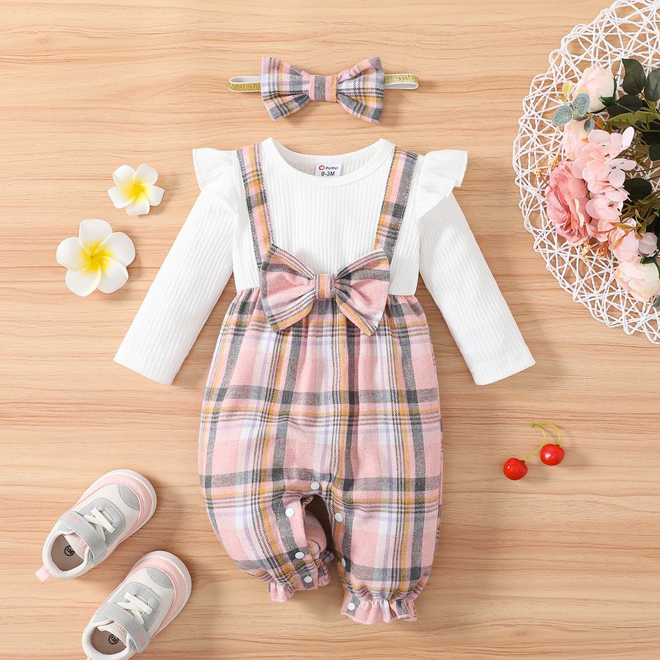2pcs Baby Girl Plaid & Solid Ribbed Spliced Ruffle Trim Bow Front Long-sleeve Jumpsuit & Headband Set White big image 1