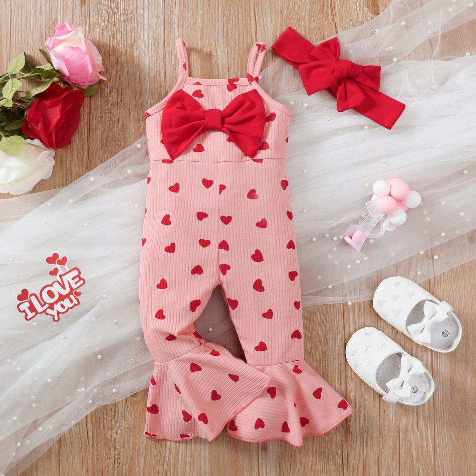 Valentine's Day 2pcs Baby Girl Allover Heart Print Bow Front Bell Bottom Ribbed Cami Jumpsuit & Headband Set Pink big image 3