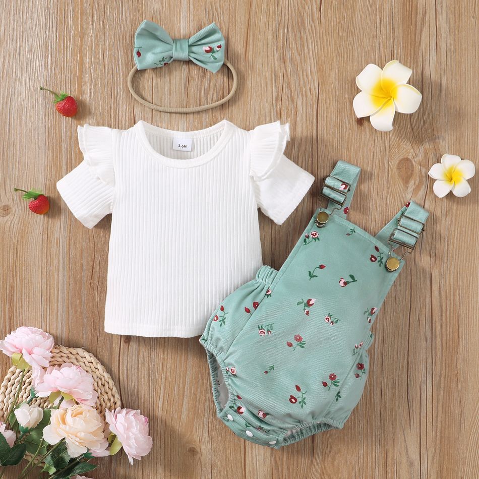 3pcs Baby Girl 95% Cotton Ribbed Ruffle Short-sleeve Top and Floral Print Romper & Headband Set Aqua