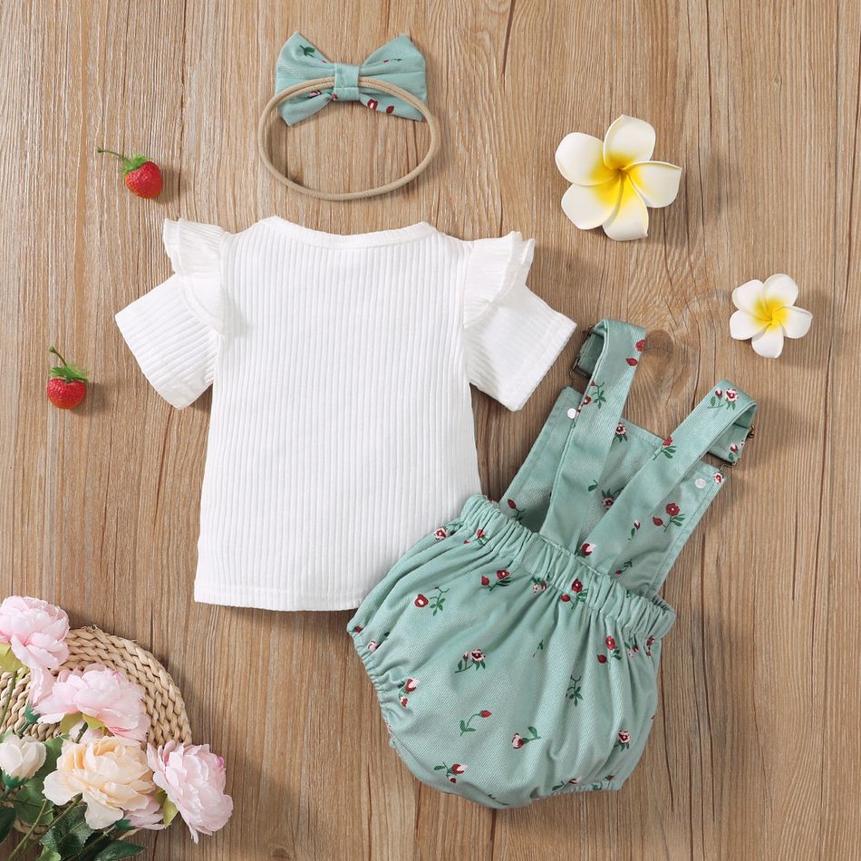 3pcs Baby Girl 95% Cotton Ribbed Ruffle Short-sleeve Top and Floral Print Romper & Headband Set Aqua big image 2