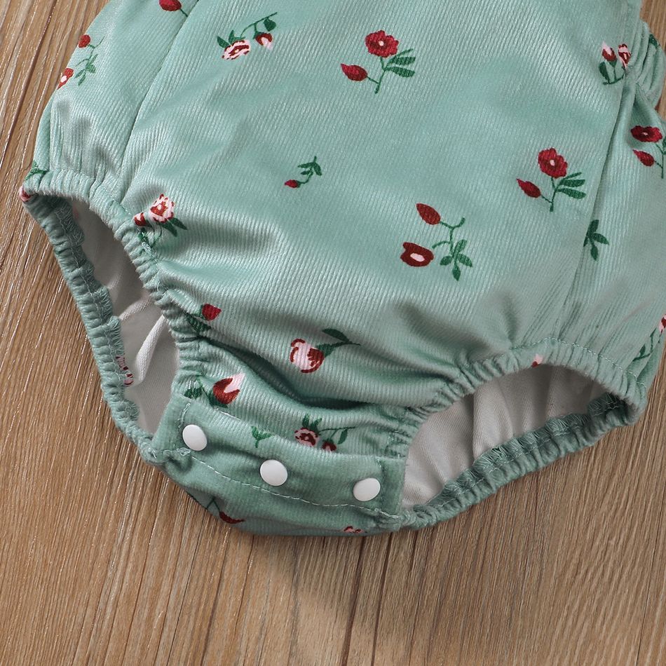 3pcs Baby Girl 95% Cotton Ribbed Ruffle Short-sleeve Top and Floral Print Romper & Headband Set Aqua big image 4