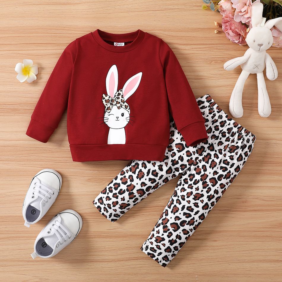 2pcs Baby Girl Rabbit Print Long-sleeve Sweatshirt and Leopard Print Pants Set Red big image 1