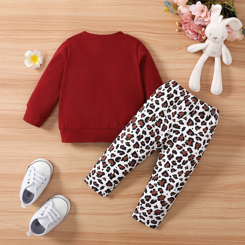2pcs Baby Girl Rabbit Print Long-sleeve Sweatshirt and Leopard Print Pants Set Red big image 3