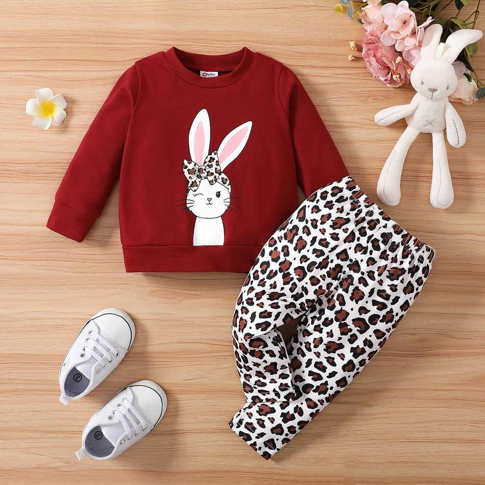 2pcs Baby Girl Rabbit Print Long-sleeve Sweatshirt and Leopard Print Pants Set Red big image 2