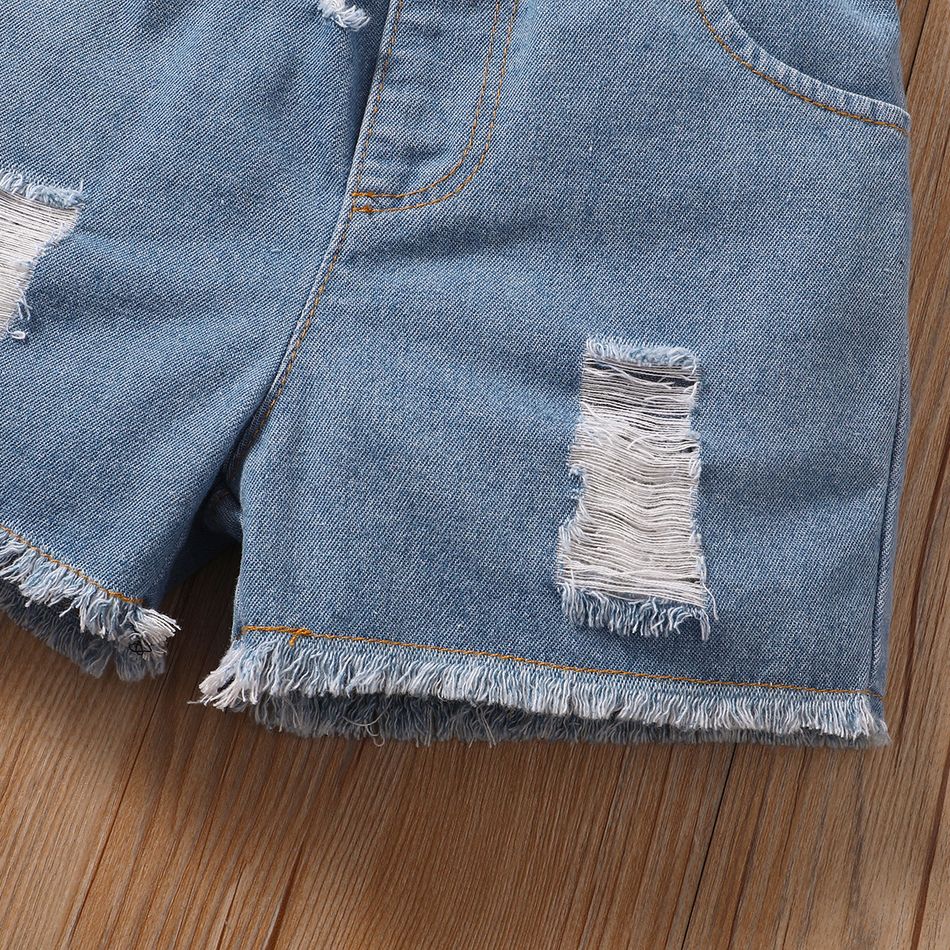 2pcs Toddler Girl Trendy 100% Cotton Ripped Denim Shorts and Smocked Off Shoulder Tee Set White