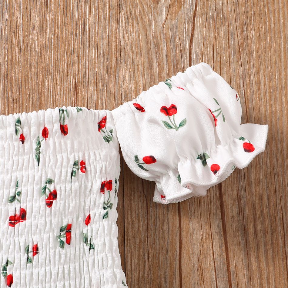 2pcs Toddler Girl Trendy 100% Cotton Ripped Denim Shorts and Smocked Off Shoulder Tee Set White big image 5
