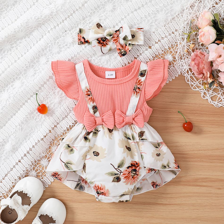 2pcs Baby Girl 95% Cotton Ribbed Flutter-sleeve Faux-two Floral Print Romper & Headband Set Pink