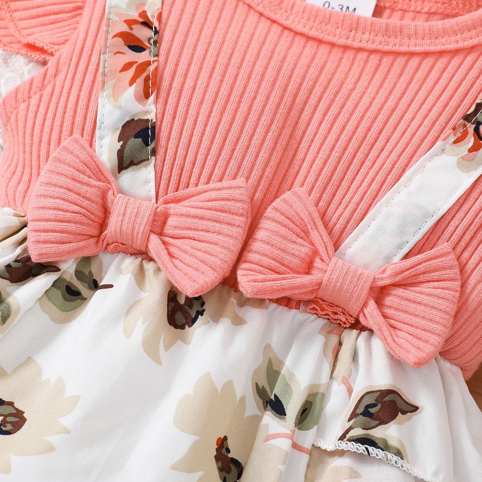 2pcs Baby Girl 95% Cotton Ribbed Flutter-sleeve Faux-two Floral Print Romper & Headband Set Pink big image 6