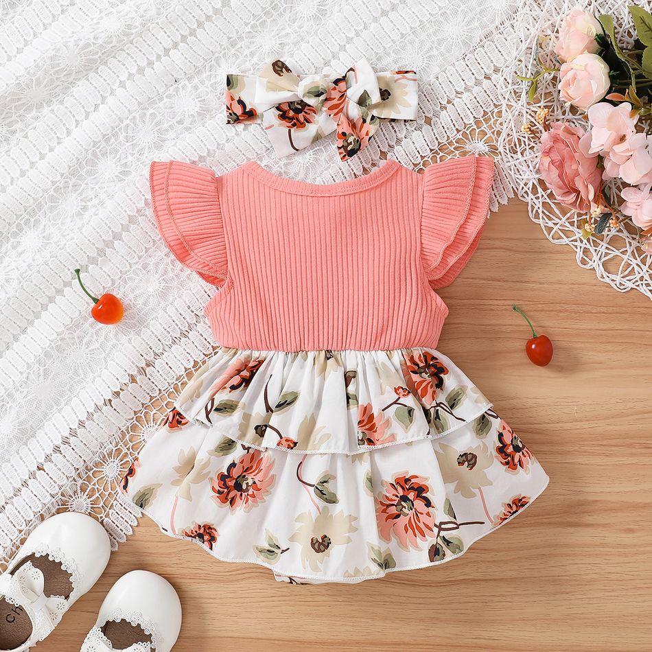 2pcs Baby Girl 95% Cotton Ribbed Flutter-sleeve Faux-two Floral Print Romper & Headband Set Pink big image 2