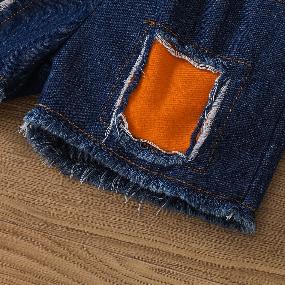 2pcs Toddler Girl Trendy Cotton Ruffled Camisole and Ripped Panel Denim Shorts Set Orange big image 5