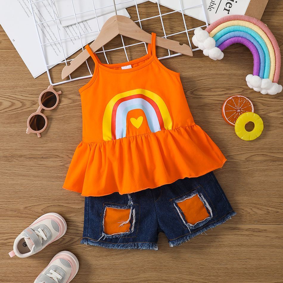 2pcs Toddler Girl Trendy Cotton Ruffled Camisole and Ripped Panel Denim Shorts Set Orange big image 8