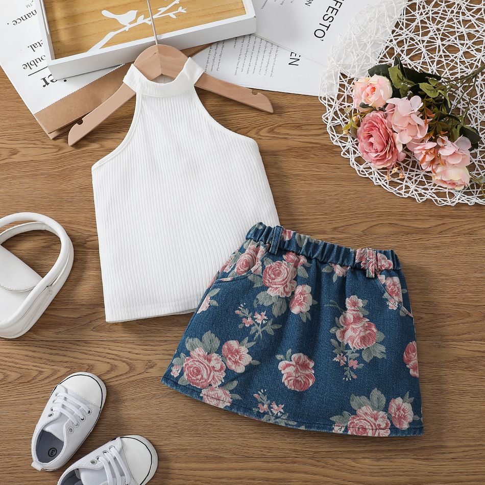 2pcs Toddler Girl Trendy Ribbed Cotton Halter Tank Top and Floral Print Skirt Set White big image 2