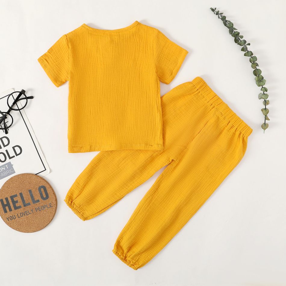 2pcs Toddler Girl/Boy 100% Cotton Basic Solid Henley Shirt and Pants Set Yellow big image 3
