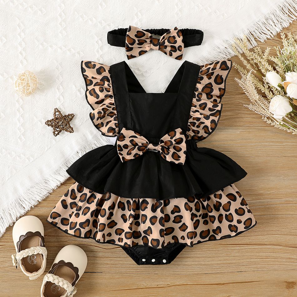 2pcs Baby Girl 95% Cotton Solid & Leopard Print Layered Ruffle Trim Sleeveless Romper and Headband Set Black