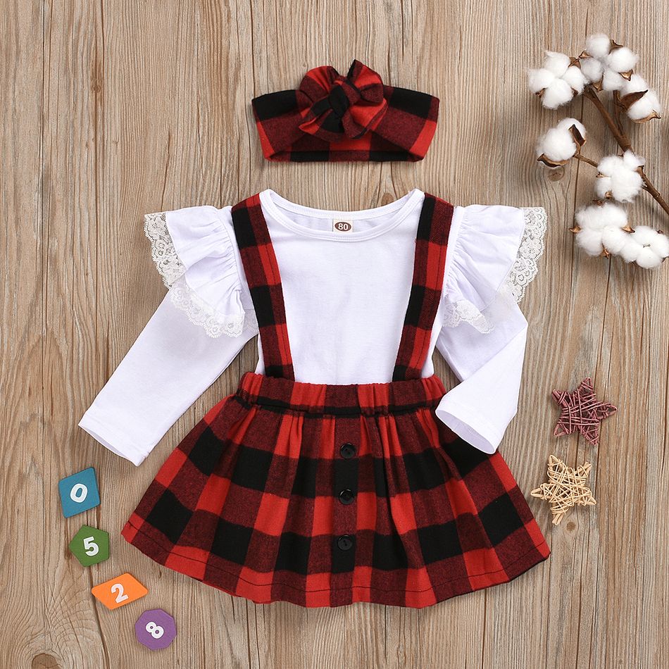 3pcs Plaid Print Ruffle and Lace Decor Long-sleeve Baby Set Red