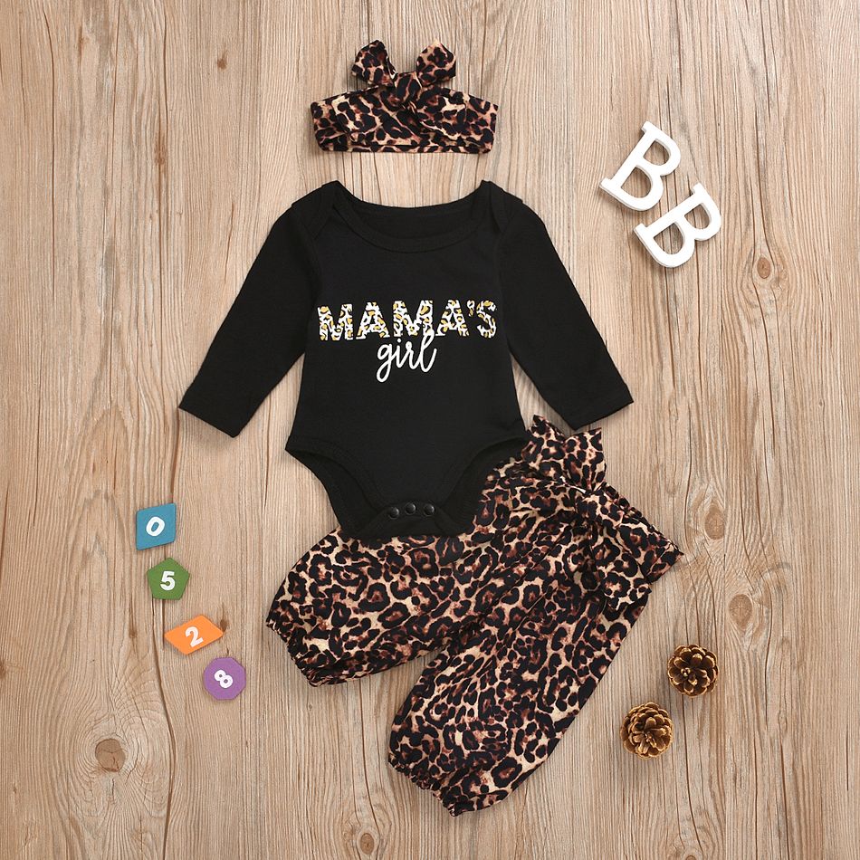 3pcs Leopard and Letter Print Long-sleeve Baby Set Black