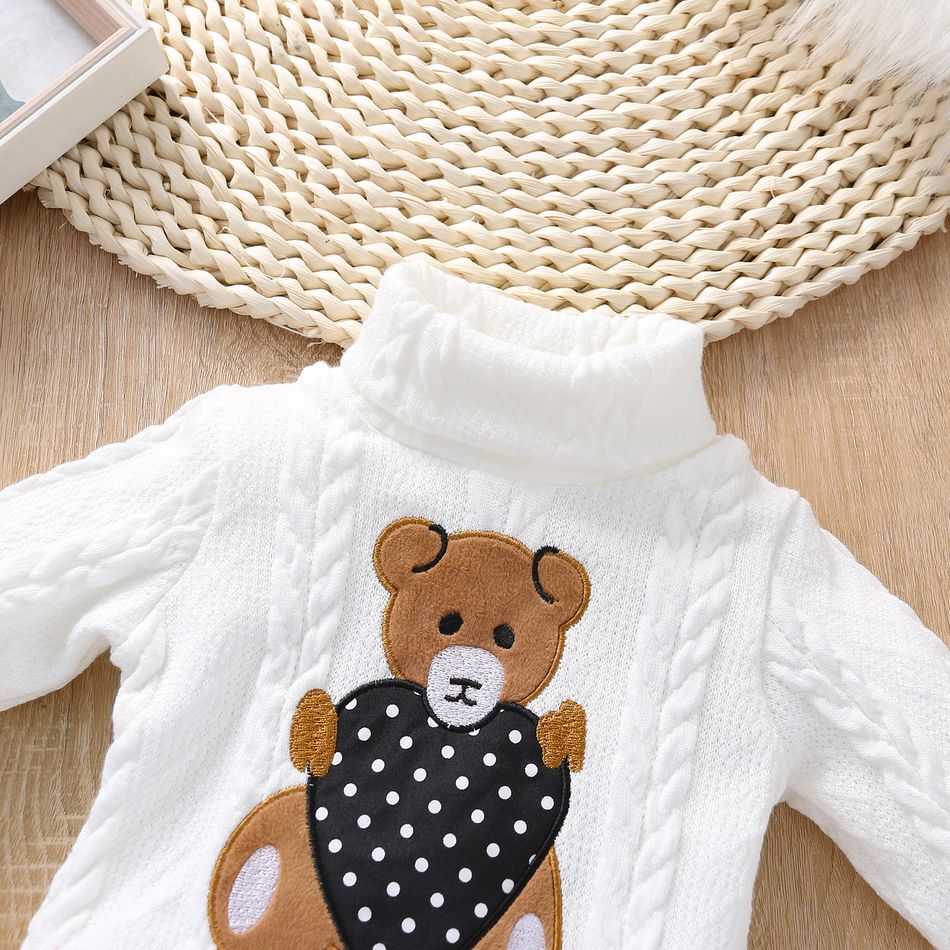 2pcs Teddy and Heart Applique Knitted Turtleneck Long-sleeve White Baby Set White big image 3