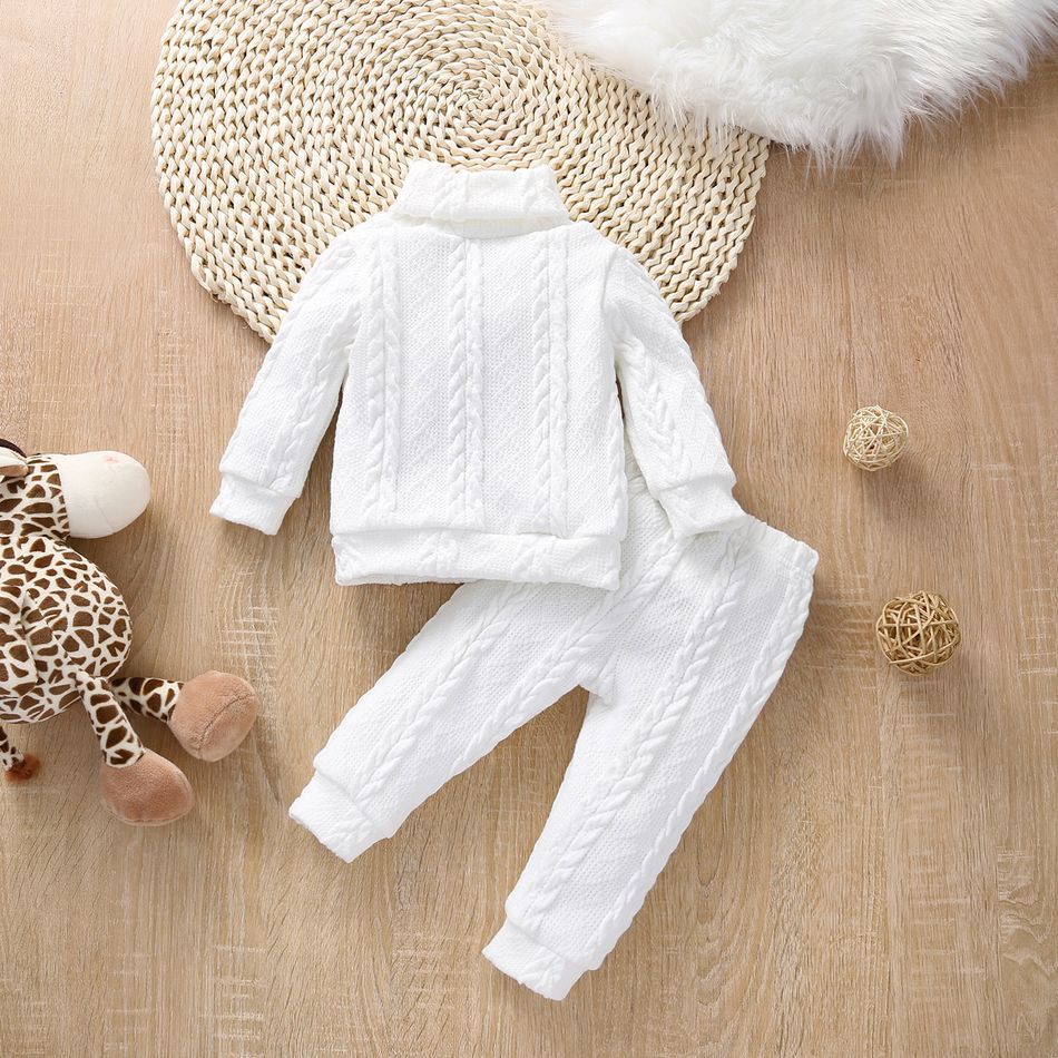 2pcs Teddy and Heart Applique Knitted Turtleneck Long-sleeve White Baby Set White big image 2