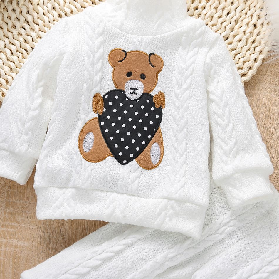 2pcs Teddy and Heart Applique Knitted Turtleneck Long-sleeve White Baby Set White big image 4