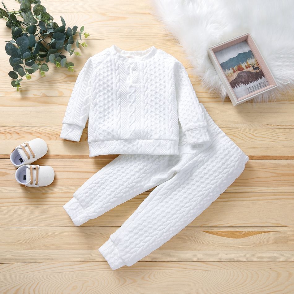 2-piece Toddler Girl/Boy Solid Ribbed Sweater and Elasticized Pants Casual Set White