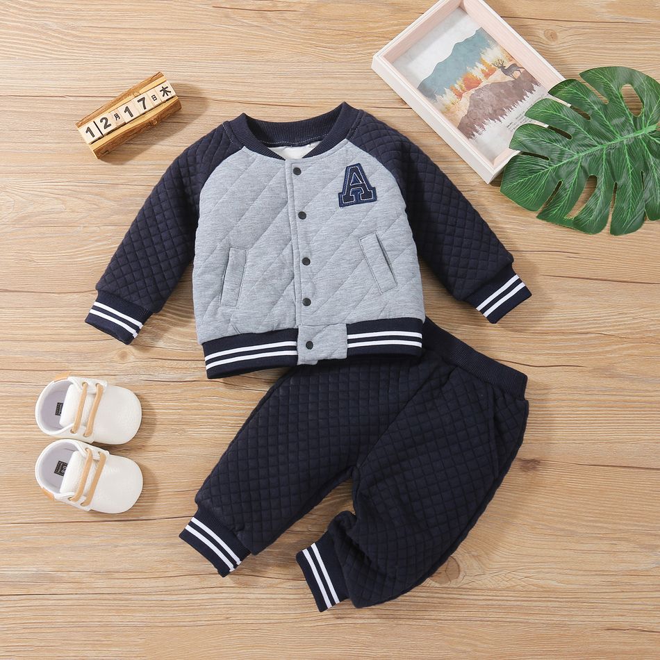 2pcs Baby Letter Patch Raglan Sleeve Cotton Jacket and Trousers Set Grey