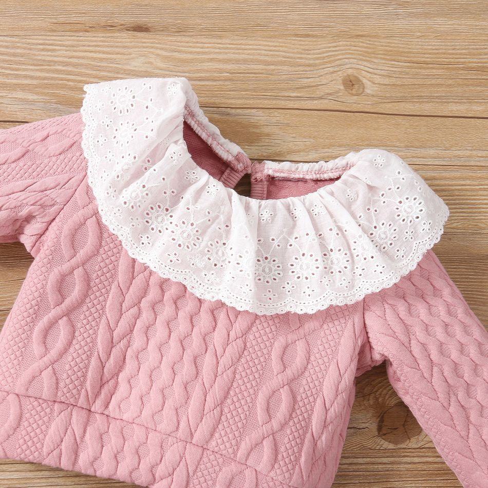 2pcs Baby Solid Imitation Knitting Ruffle Long-sleeve Cotton Top and Pants Set Pink big image 4