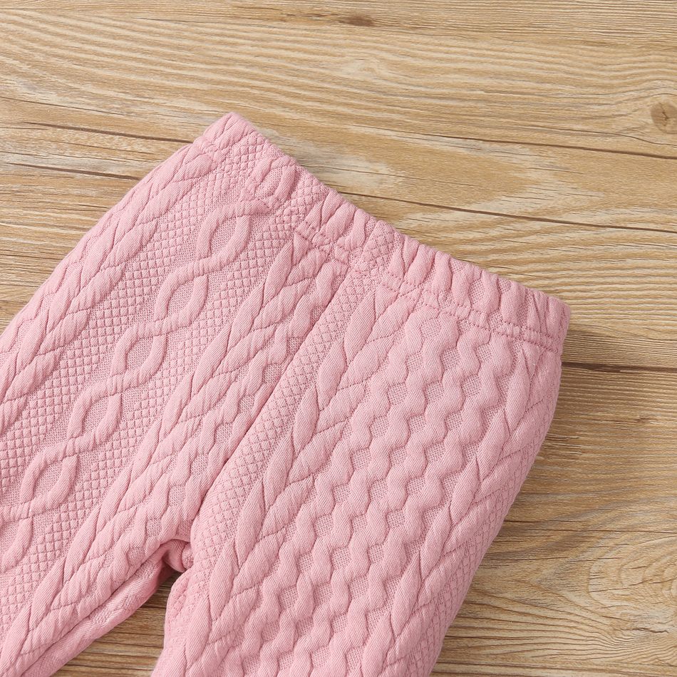 2pcs Baby Solid Imitation Knitting Ruffle Long-sleeve Cotton Top and Pants Set Pink big image 5