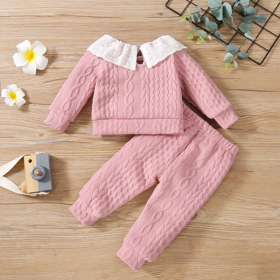 2pcs Baby Solid Imitation Knitting Ruffle Long-sleeve Cotton Top and Pants Set Pink big image 3
