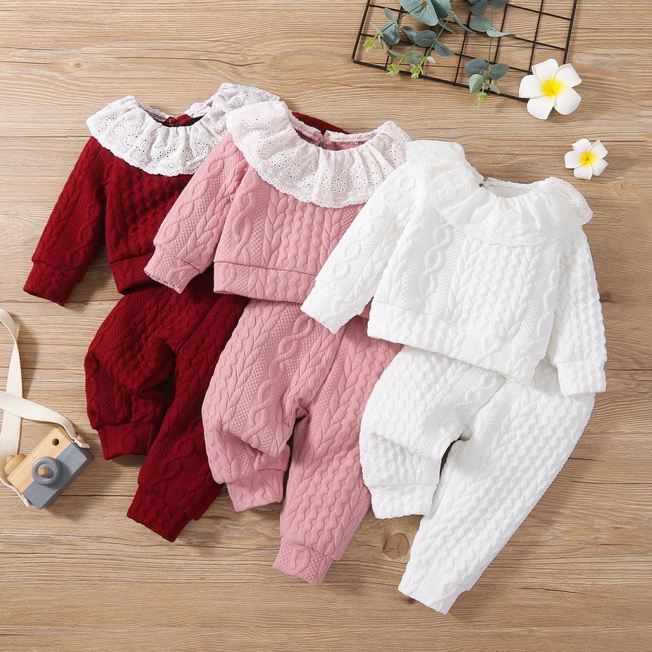2pcs Baby Solid Imitation Knitting Ruffle Long-sleeve Cotton Top and Pants Set Pink big image 2