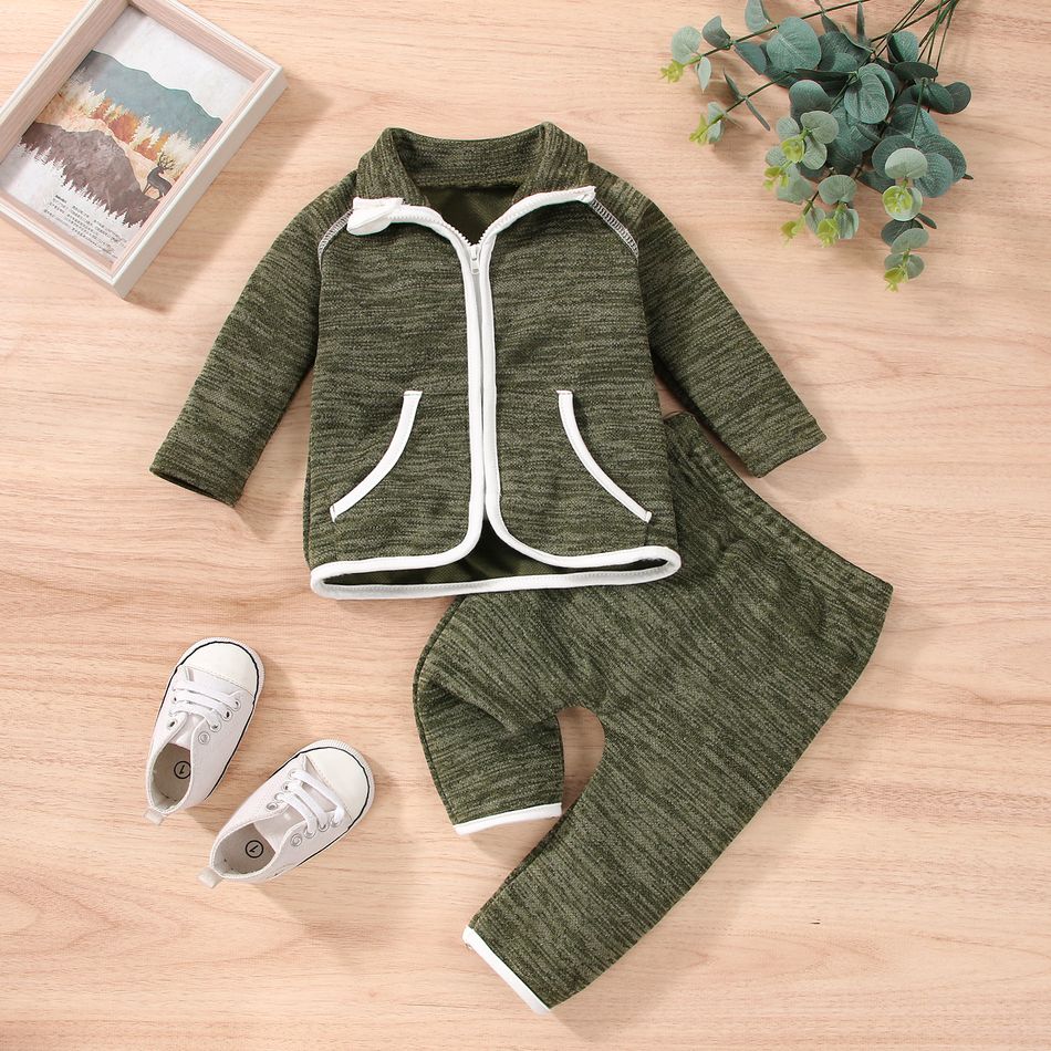 2pcs Baby Heathered Knitted Long-sleeve Cotton Zip Jacket and Trousers Set Green