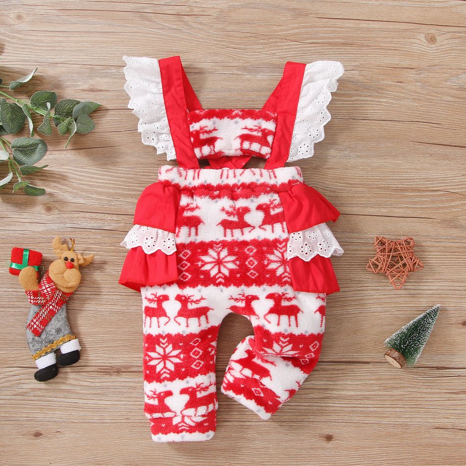 Christmas Baby All Over Reindeer Print Red Fleece Sleeveless Layered Ruffle Jumpsuit Red