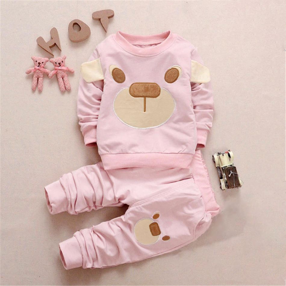 2-piece Baby Girl Animal Embroidered Pullover Sweatshirt and Elasticized Pants Set Pink