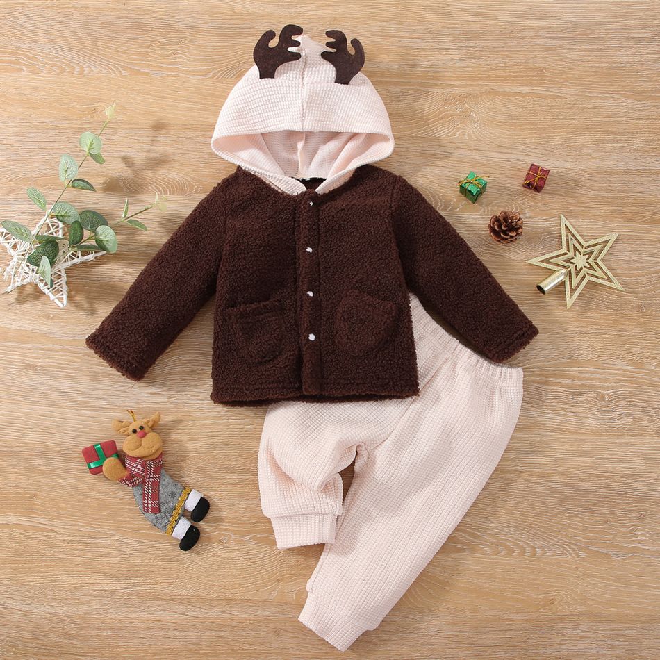 2pcs Baby Boy/Girl Coffee Thickened Fleece Long-sleeve Hooded Coat and Waffle Trousers Set Coffee