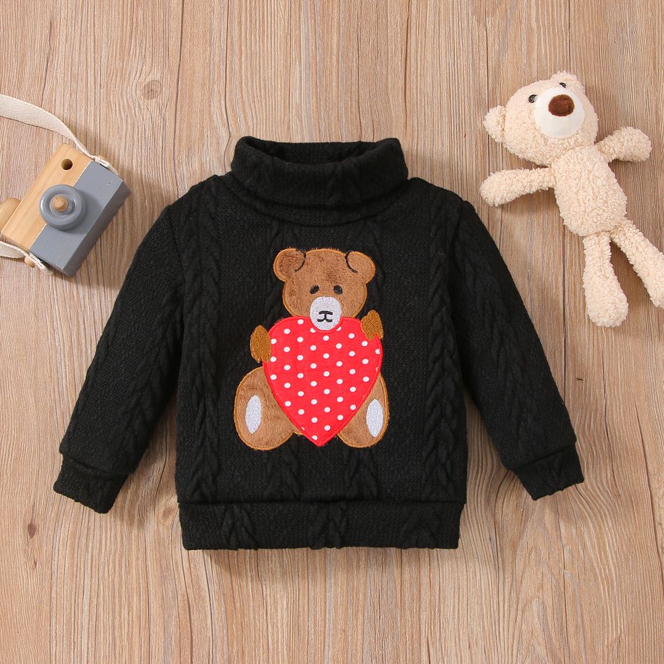Baby Girl/Boy 95% Cotton Long-sleeve Bear Embroidered Turtleneck Cable Knit Sweater Black