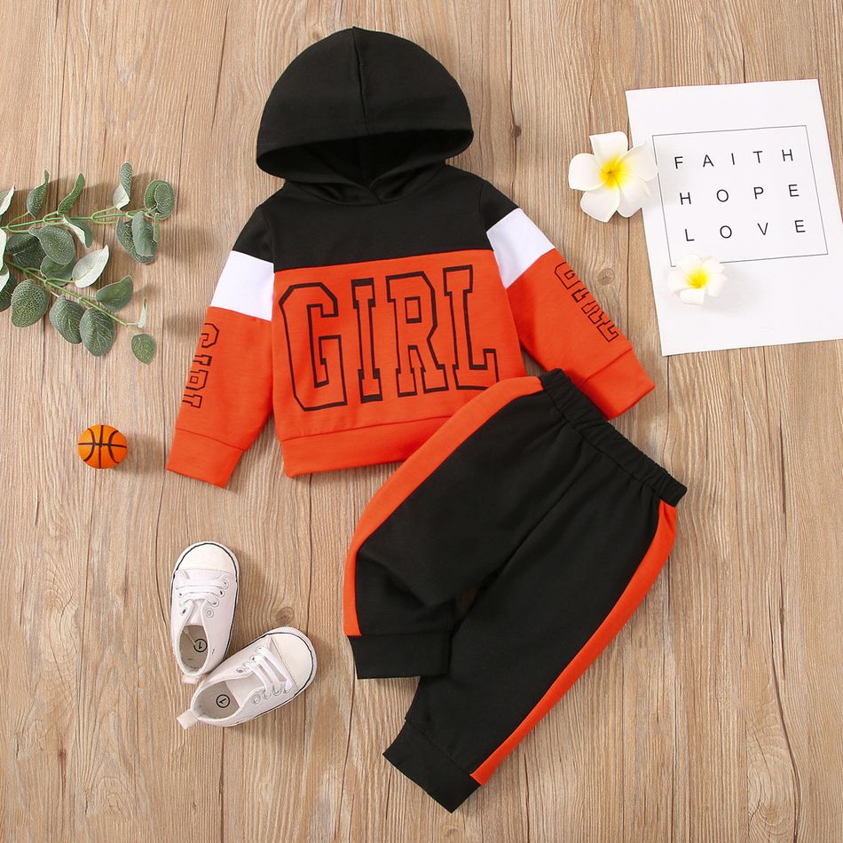 2pcs Baby Girl Letter Print Colorblock Long-sleeve Hoodie and Sweatpants Set Black big image 1