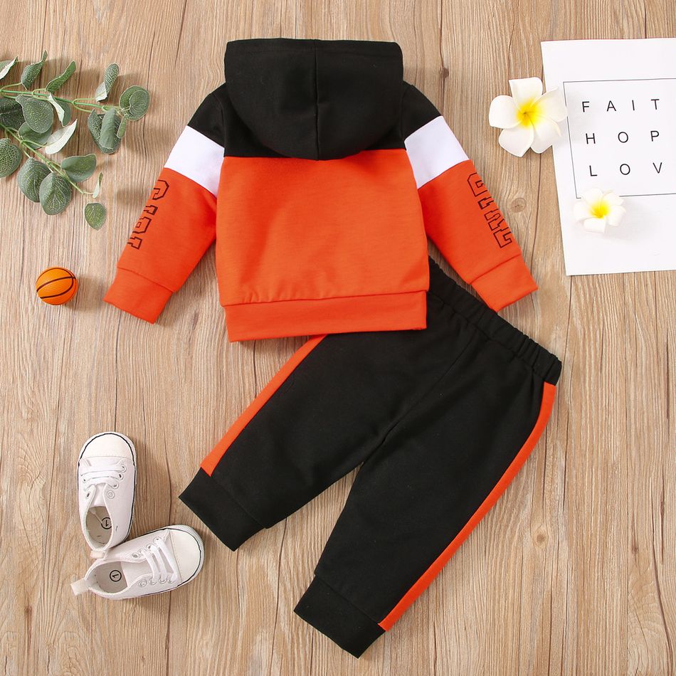 2pcs Baby Girl Letter Print Colorblock Long-sleeve Hoodie and Sweatpants Set Black