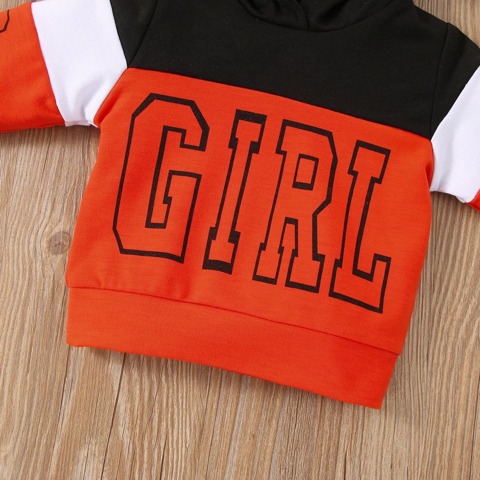 2pcs Baby Girl Letter Print Colorblock Long-sleeve Hoodie and Sweatpants Set Black big image 2