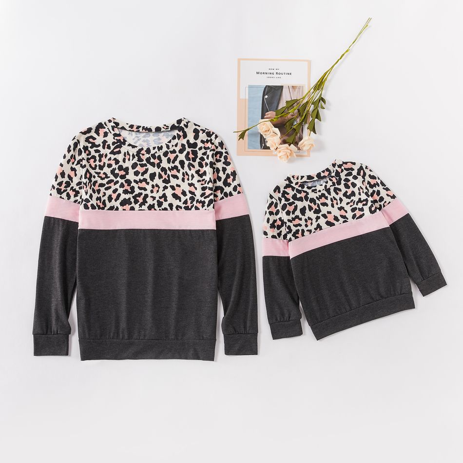 Leopard Print Colorblock Sweatshirts for Mom and Me Dark Grey