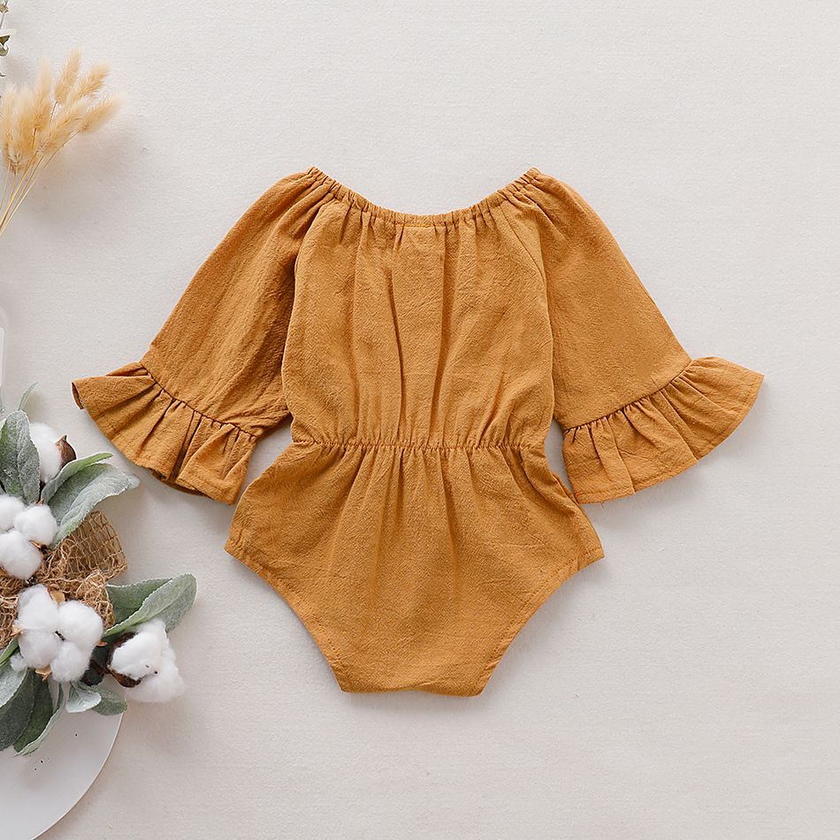 100% Cotton Solid Bowknot Decor Long-sleeve Baby Romper Ginger big image 4