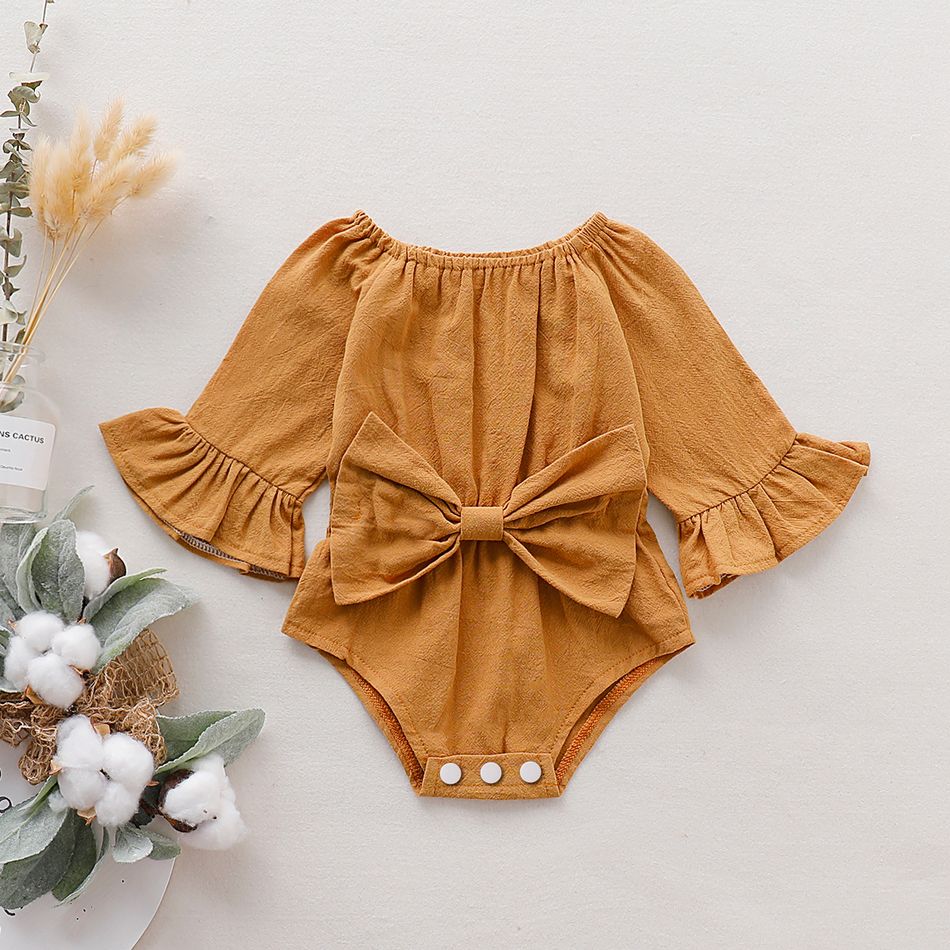 100% Cotton Solid Bowknot Decor Long-sleeve Baby Romper Ginger big image 1