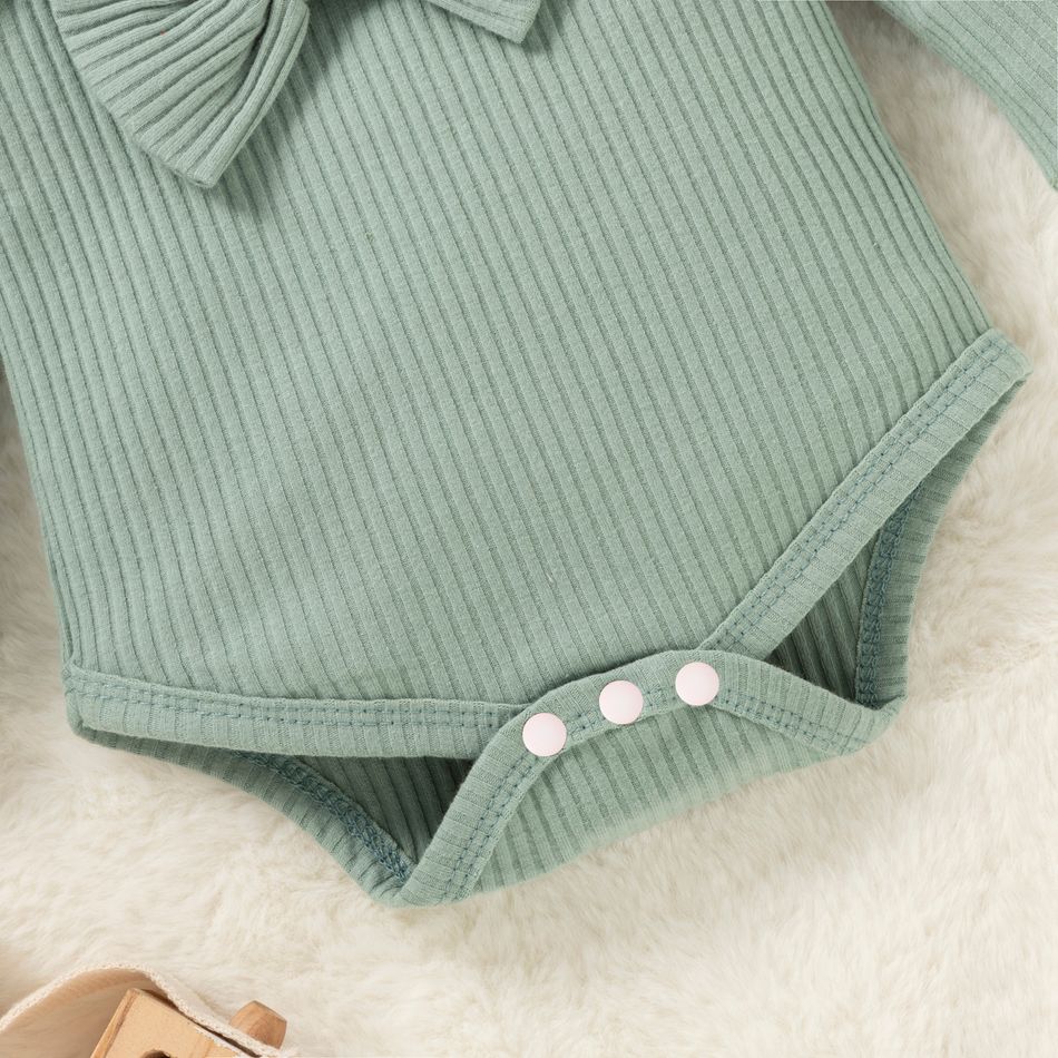 3pcs Baby Girl 95% Cotton Ribbed Long-sleeve Ruffle Bowknot Romper and Pants with Headband Set Light Green big image 5
