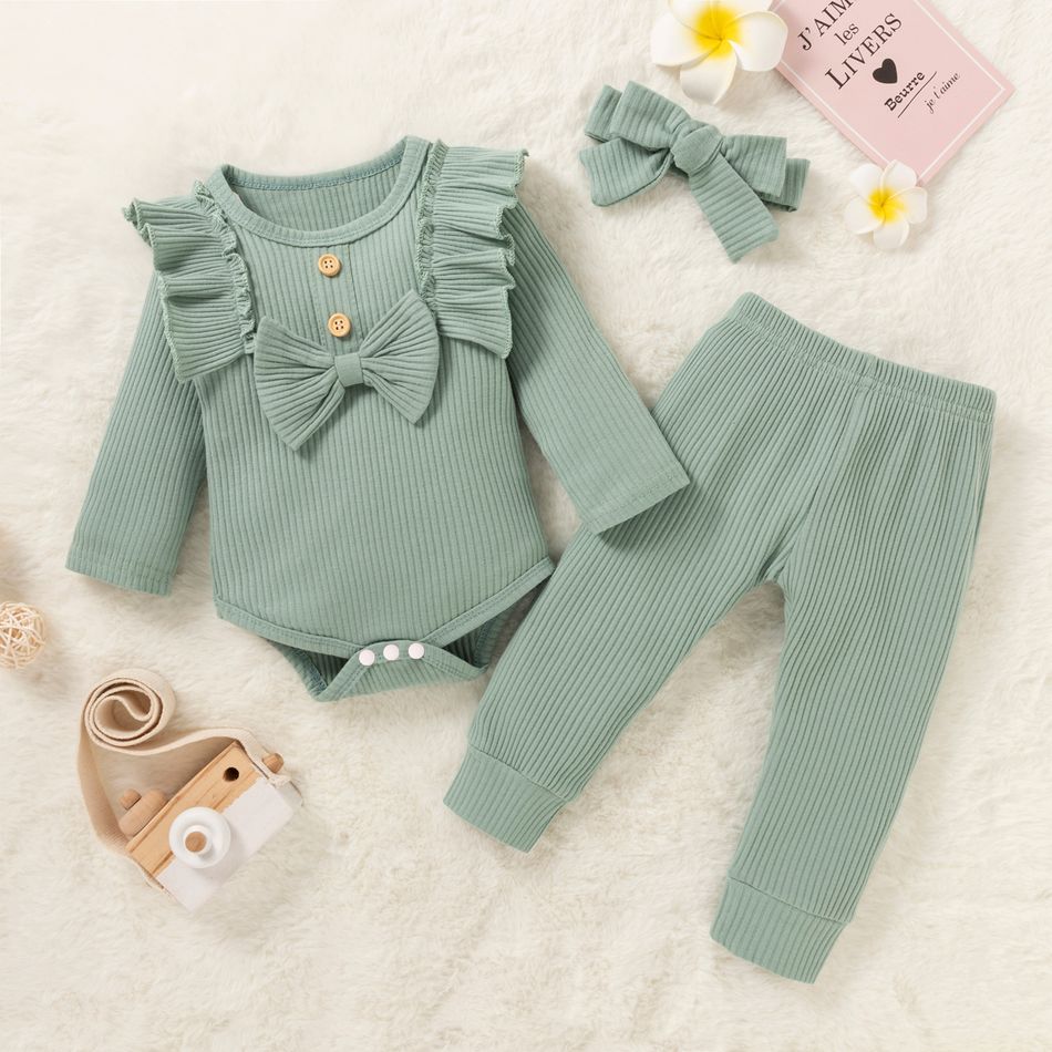 3pcs Baby Girl 95% Cotton Ribbed Long-sleeve Ruffle Bowknot Romper and Pants with Headband Set Light Green big image 1