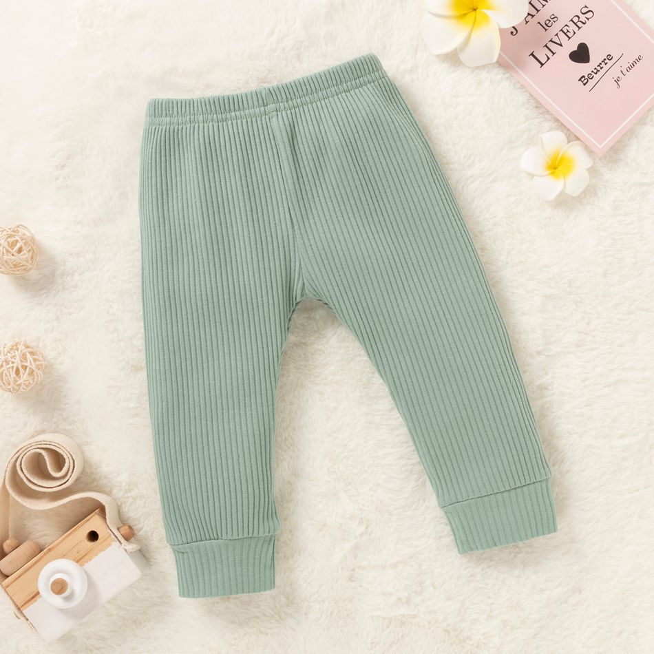 3pcs Baby Girl 95% Cotton Ribbed Long-sleeve Ruffle Bowknot Romper and Pants with Headband Set Light Green big image 4